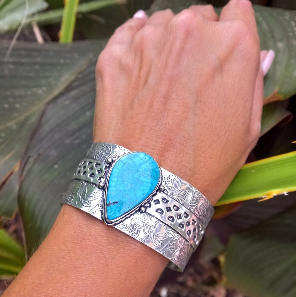 Genuine Turquoise Sterling Silver Stamped Cuff